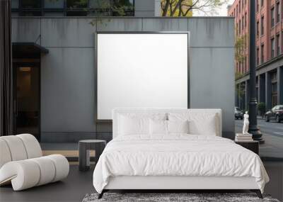 A realistic urban scene featuring a large white poster. A large poster white with nothing inside  Wall mural