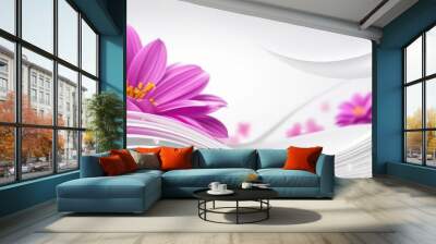 Abstract flowing waves with beautiful flowers on white background  Wall mural