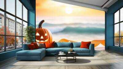 Abstract flowing waves with pumpkins on white background with beautiful bokeh and with copy space Wall mural