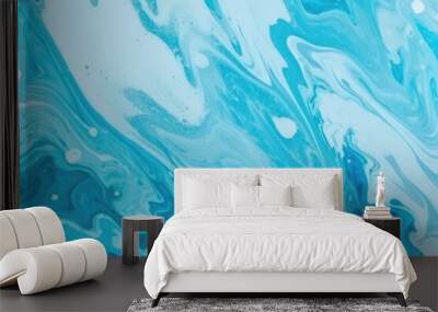 Acrylic ink water. Sea foam. Cyan blue ocean wave with white bubbles effect. Color gradient paint splash design. Smeared streak abstract pattern. Marble texture art background Wall mural