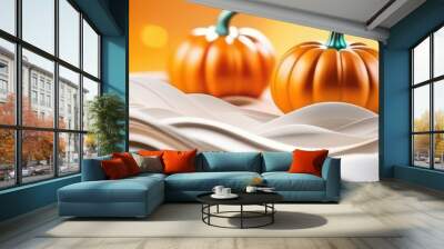 Banner Abstract flowing waves with pumpkins on white background with beautiful bokeh and with copy space Wall mural