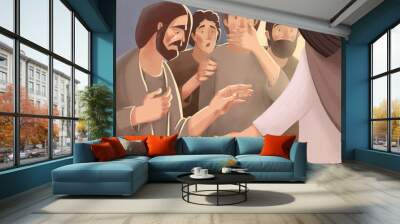 Bible Illustration about resurrection of Jesus Christ and appearance to disciples and apostles. Wall mural