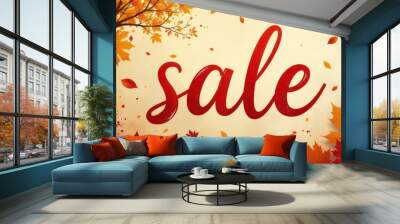 Big red handwriting thin letters “sale” over autumn background Wall mural