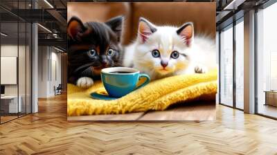 Black kitten and white kitten lying on a blanket with a cup of coffee, fluffy art, cozy home background, cute kittens. Wall mural