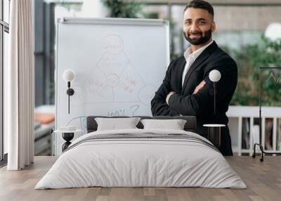 Business portrait of Indian man. Confident successful Indian manager or business mentor, in a suit, stands near whiteboard in the office, arms crossed, looks directly at camera and smiles friendly Wall mural