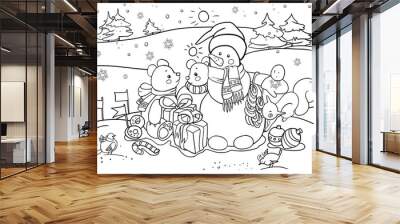 Children's coloring book on the theme of New Year and Christmas holidays, snowy landscape, a snowman with gifts, animals, cartoon characters, raster copy Wall mural