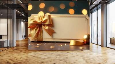 Christmas Blank gift greeting card with shiny golden bow and balls Wall mural