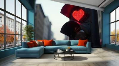 City traffic light with a red heart burning on it Wall mural