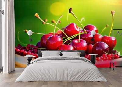 closeup of red fresh cherries for harvest with sunlight  Wall mural