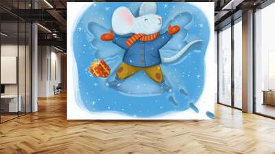 Digital illustration about a mouse in warm coat scarf and pants leys on snow and makes an angel figure Wall mural