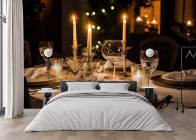 Elegant candlelight dinner table by night. AI Wall mural