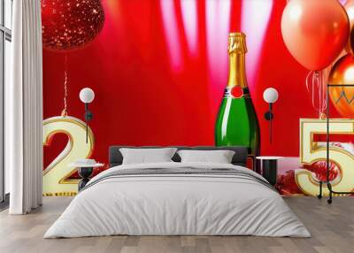 Festive background with a bottle of champagne, balloons and the number 