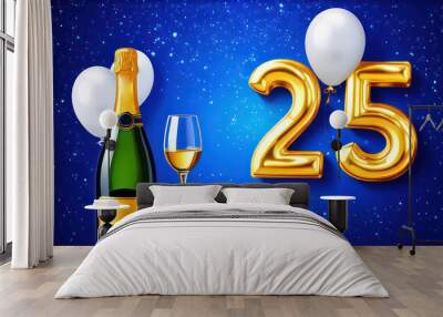 Festive background with a bottle of champagne, balloons and the number 