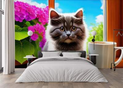 fluffy gray kitten next to a coffee mug, flowers all around Wall mural