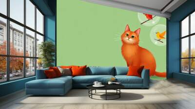 fluffy red cat , sitting and smiling cats looking at camera, drawn circles with birds inside circles flying around cats heads. Wall mural