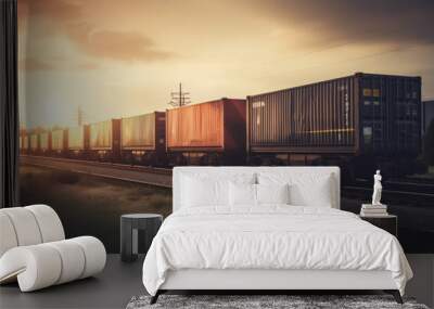 Freight car trailer with cargo container and freight train with cargo containers background, import export business logistic, Auto or automobile business commercial background concept Wall mural