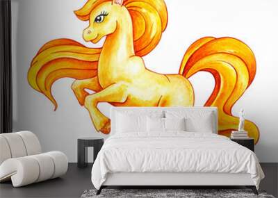 Funny orange pony. Little Horse watercolor illustration Wall mural