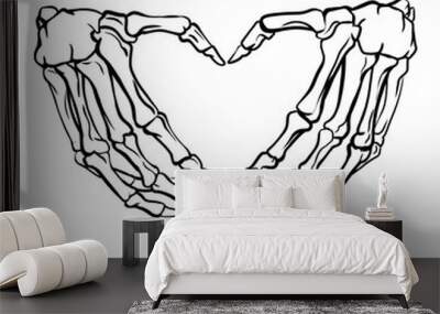 Hand gesture, skeleton hands folded in a heart, heart gesture, black and white line drawing, for t-shirt design Wall mural