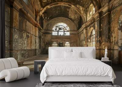 Abandoned interior of an old church showing peeling paint and sunlit arches Wall mural