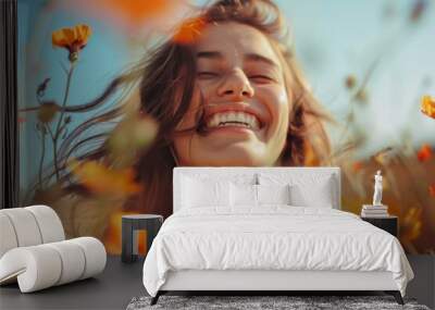 Joyful young woman with a radiant smile enjoying a sunny day surrounded by vibrant flowers. Generated AI Wall mural