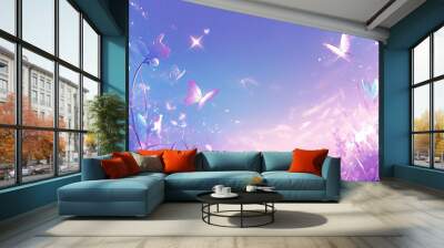 A cute rainbow sparkle background featuring a magical purple and blue glow with butterflies, dreamy cartoon style, exudes a romantic fantasy vibe and can be used as a wallpaper banner Wall mural