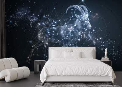 A digitally generated image of the Capricorn zodiac sign with stars against a black background, representing the zodiac, astrology, and horoscope concepts Wall mural