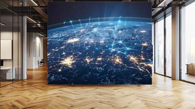 A global telecommunication satellite network facilitates rapid data exchange around planet Earth from space, enabling IoT, mobile web, and financial technology connectivity worldwide Wall mural