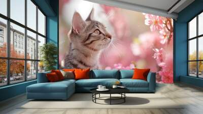 banner cute stripe cat on the spring flowering sakura background Wall mural