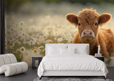 banner of little cute highland cow on Daisy background. Scottish breed of rustic cattle. springtime Wall mural