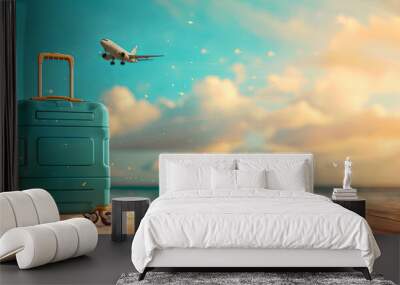 banner of suitcase on the beach on the flying plane background, travel vacation background Wall mural