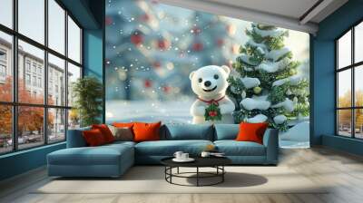 cartoon illustration of two little polar bears decorated Christmas tree Wall mural