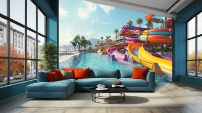 Colorful water slides stand empty in the aquapark resort overlooking the sea on a sunny day. summer fun, vacation leisure, and holiday entertainment Wall mural