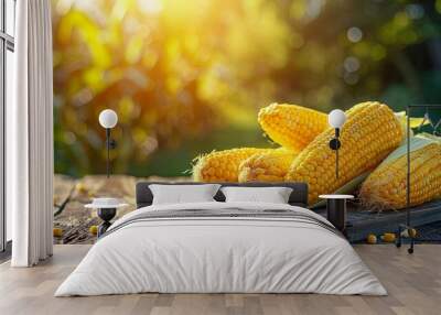 Fresh corn cobs placed on a wooden table with a green field in the background. Concept of agriculture and harvest Wall mural