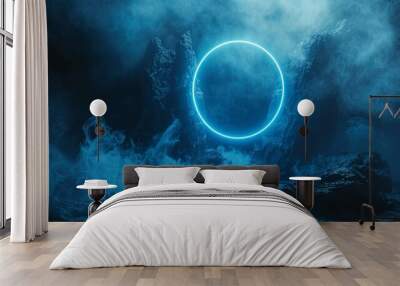 Mystical zodiac signs emerging from energy. Neon blue geometric circle on a dark background, with dark, ominous rocks shrouded in smoke. Panoramic view of the fog, providing a layout for your logo. Wall mural