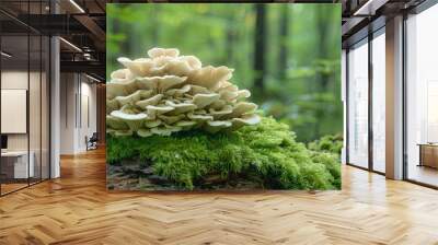 Oyster mushrooms in the green forest Wall mural