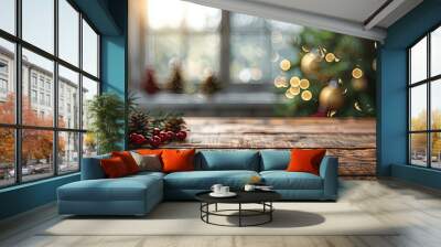 Table surface in front of a blurred window sill with a Christmas tree in the background Wall mural