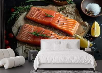 Two raw salmon steaks on parchment paper, accompanied by salt, pepper, lemon slices, and rosemary sprigs, set against a black background, top view Wall mural