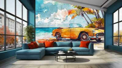 watercolor illustraion of cabriolet on the tropical beach background. travel concept  Wall mural