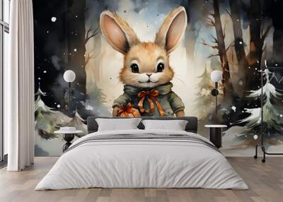 Watercolor illustration of cute rabbit on winter background  Wall mural