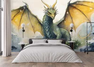 Watercolor illustration of dragon on Christmas background, according to the Chinese calendar, New Year 2024 is under the auspices of the Dragon. Wall mural