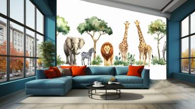 watercolour illustration of lion, giraffe, zebra and elephant on the white background. safari Wall mural