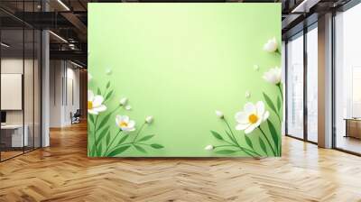 light green background with spring leaves and flowers Wall mural