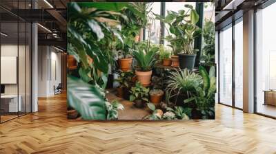 Lots of beautiful green lush indoor plants on the terrace. Decoration and landscaping of the terrace Wall mural