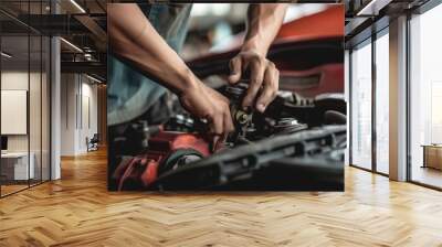 Mechanic using wrench while working on car engine at garage workshop, Car auto services and maintenance check concept Wall mural