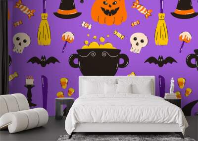 Seamless Halloween pattern. Skull, candles, hat, sweets, pumpkin, cauldron, broom. Flat vector illustration. Wall mural