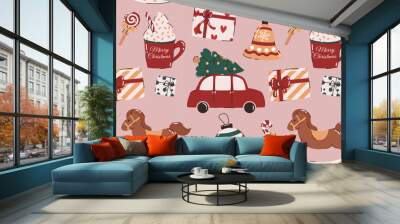 Seamless pattern with Christmas elements. Christmas tree, bell, Christmas decorations, gifts, sweets. Flat vector illustration. Wall mural