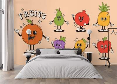 Set of retro groovy fruit characters. Pomegranate, grapes, pear, orange, apple, lemon, peach, pineapple. Vector flat illustration. Wall mural