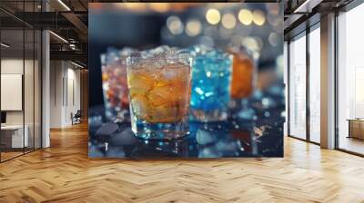 Four delicious cocktails with lots of ice are lined up next to each other in a rustic bar Wall mural