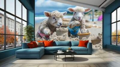 Happy little lambs build a sand castle. Wall mural