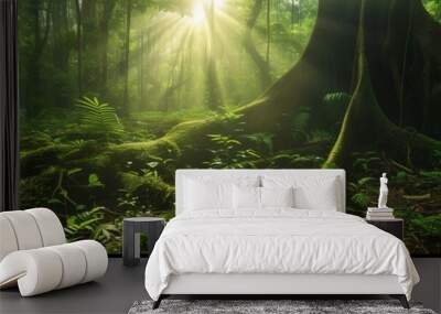 panorama banner background of tropical forest landscape scene for using in concept of environmental ecology and sustainable energy or Earth day, wild wood scenic using for wallpaper of spa and touris Wall mural